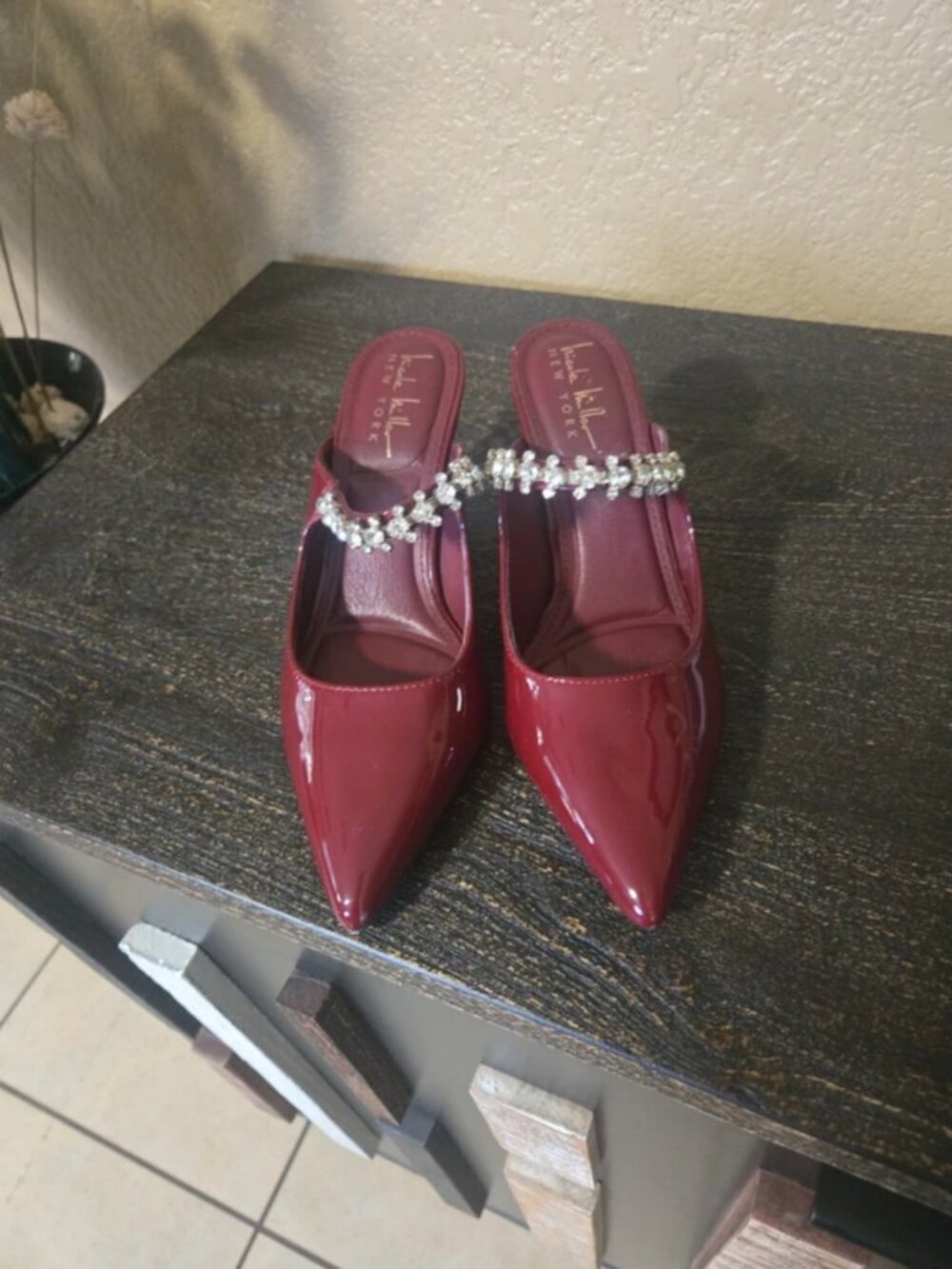 Burgundy and silver shoes